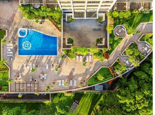 Aerial view of pool and recreation deck