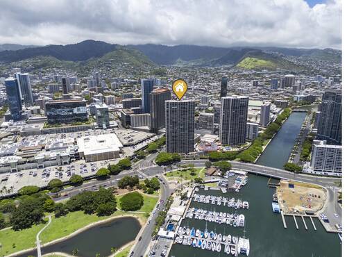 Aerial view of building and marina