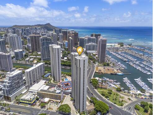 Aerial view of building rooftop pool