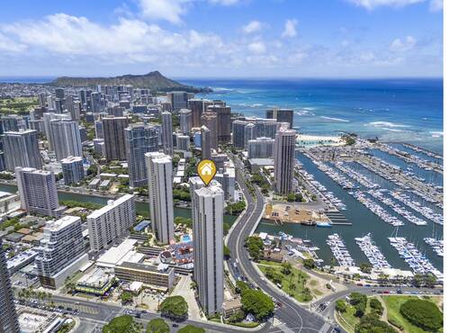 Aerial view toward Diamond Head and ocean