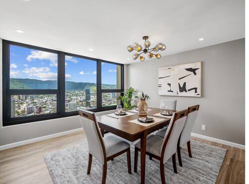 Dining room with marina view window