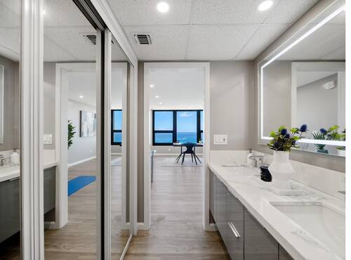 Kitchen sink with city view