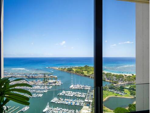 Bedroom with ocean and marina view