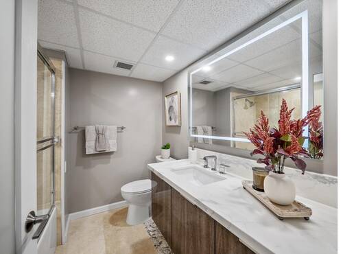 Bathroom vanity with flowers